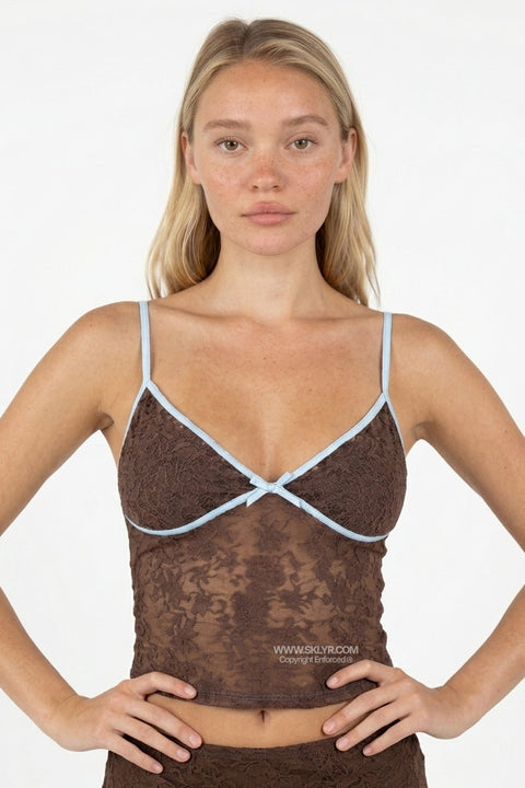 Braunes Spaghetti-Top aus Satin mit Blumenmuster