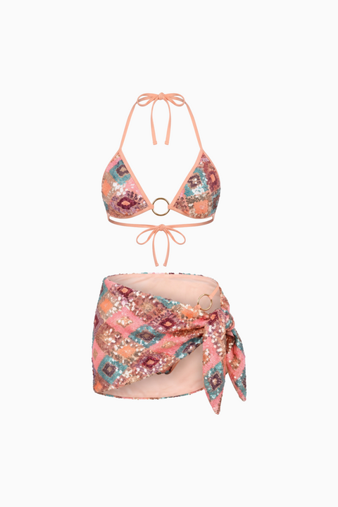 Bikini a paillettes geometriche color pesca, 3 pezzi