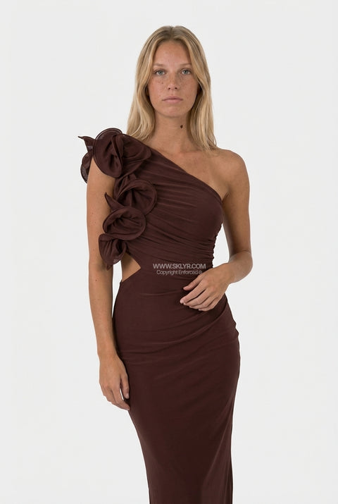 Brown One-Shoulder Ruffle Cutout Maxi Dress
