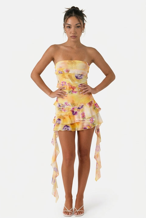 Robe bustier courte à volants florale jaune