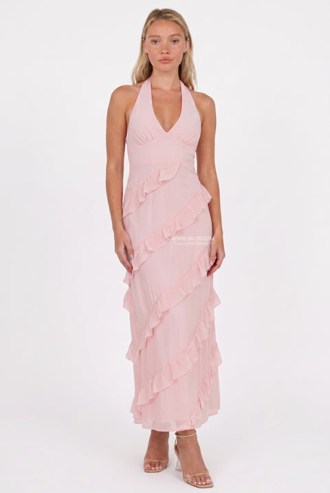 Robe longue en satin blush coupée en biais