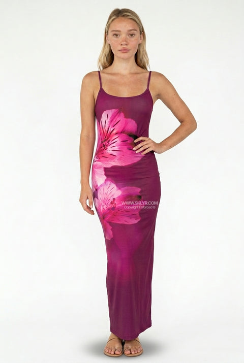 Vestido maxi justo com padrão de lírios magenta