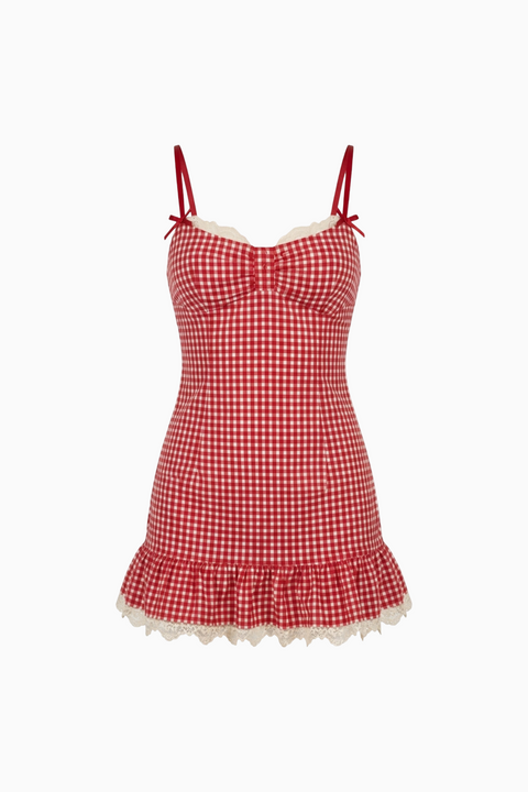 Mini-Kleid mit roten Vichykaro und Spitzenbesatz