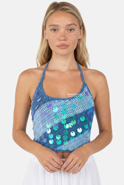 Blaues gehäkeltes Neckholder-Top mit Pailletten