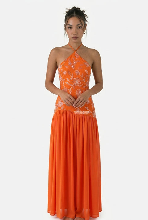 Vestido maxi fluido em chiffon laranja