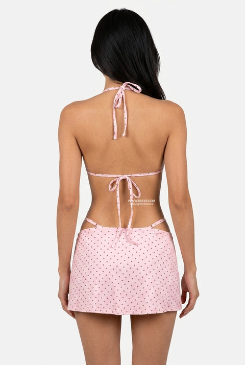 Completo bikini rosa chiaro a pois a 3 pezzi con gonna