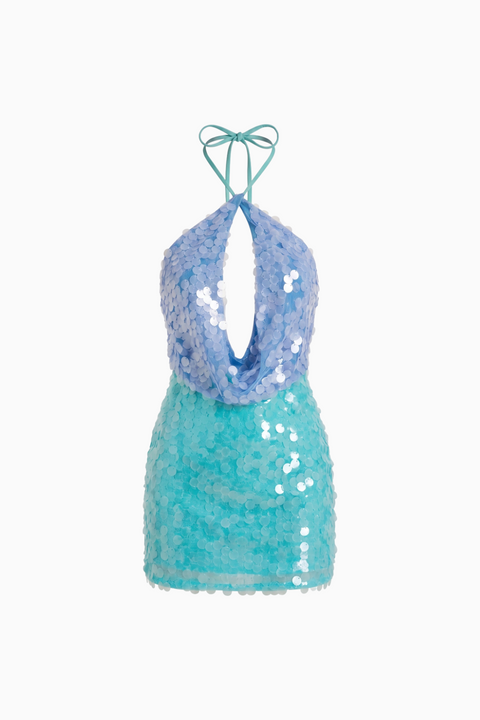 Robe courte à sequins bicolore bleu et bleu aqua