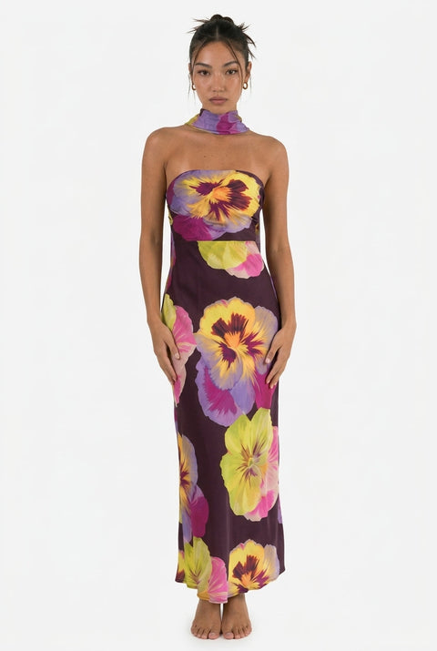 Violett geblümtes Chiffon-Midikleid