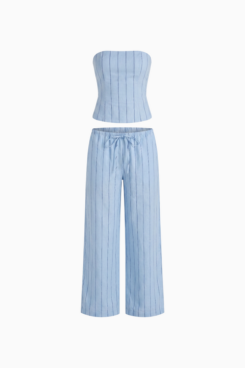 Completo con corsetto senza spalline a righe e pantaloni a gamba ampia