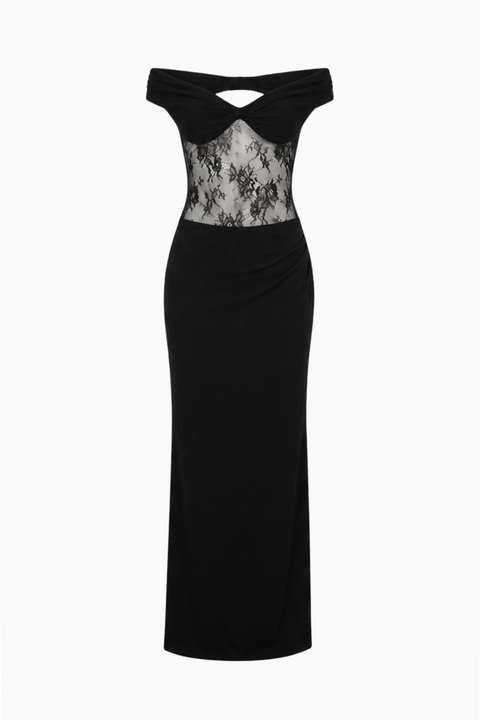Vestido comprido preto com ombros à mostra e painéis de renda