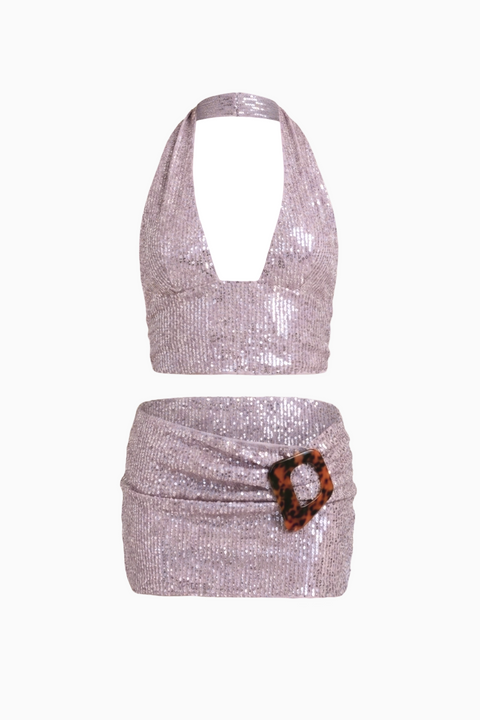 Set aus bauchfreiem Oberteil und Minirock in Metallic-Silber