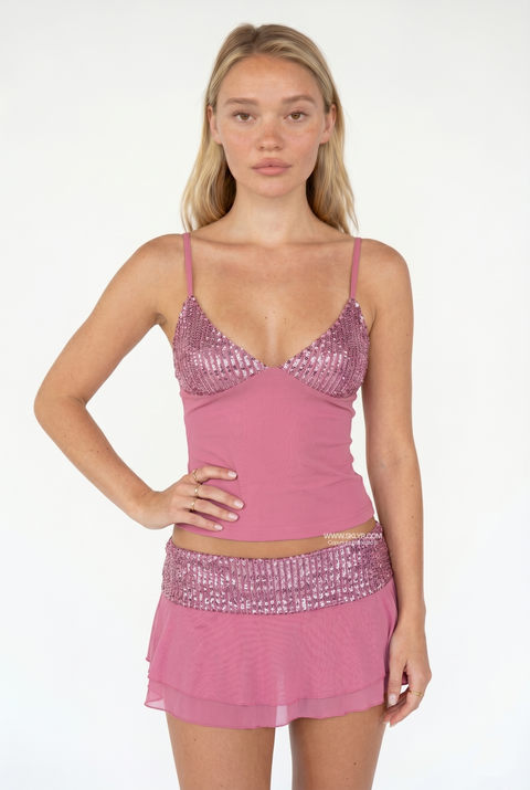 Conjunto mini cor-de-rosa com lantejoulas