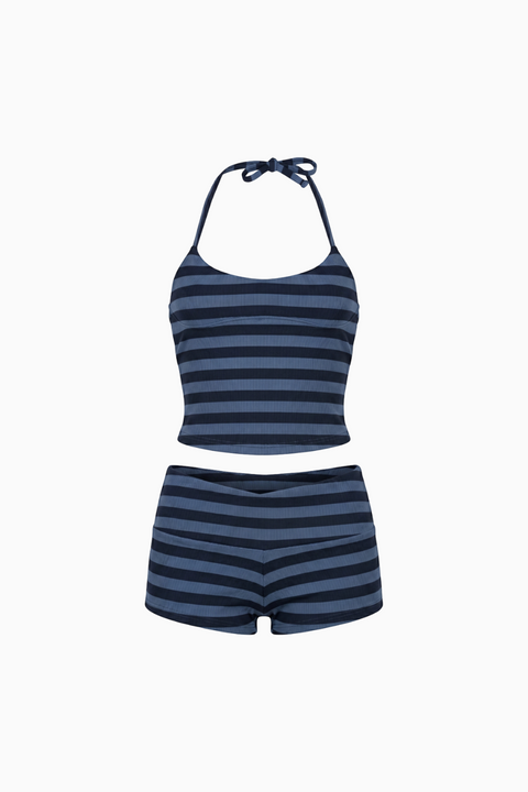 Completo a due pezzi a righe blu e bianche