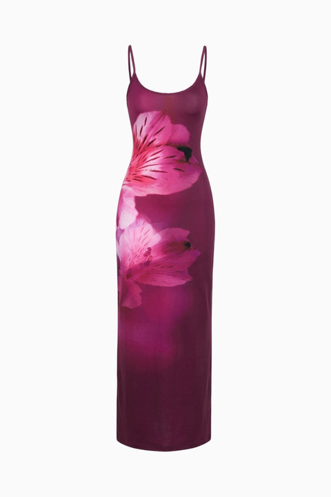 Robe longue ajustée à imprimé lys magenta