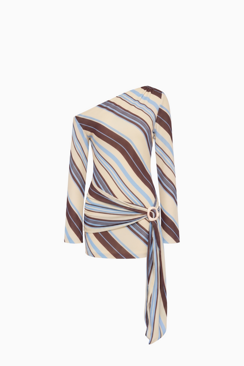 Abito drappeggiato con spalle scoperte e righe diagonali