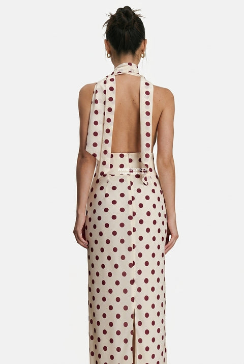 Robe midi dos nu à pois blancs
