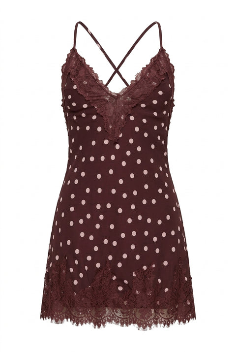 Miniabito sottoveste bordeaux a pois con bordo in pizzo