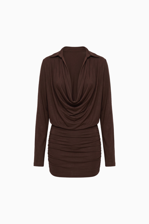 Cowl Neck Long Sleeve Mini Shirt Dress