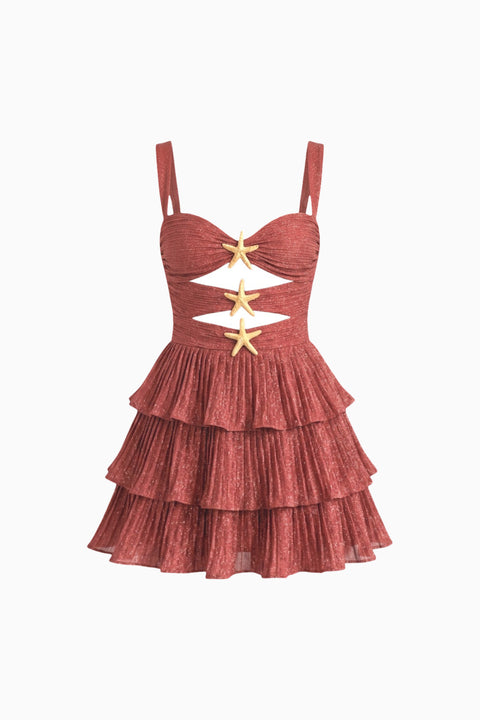 Minabito rosso ruggine con stampa a stella marina, cut-out e volant