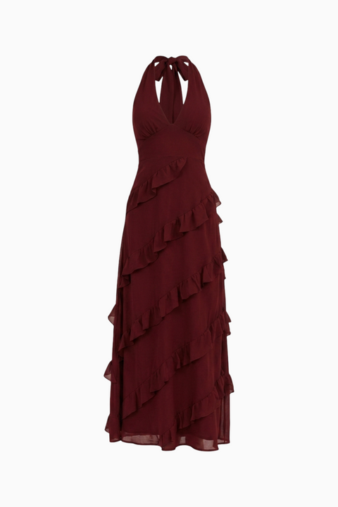 Robe longue en satin blush coupée en biais