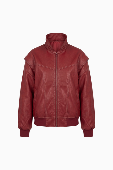 Bomber oversize color cremisi con impunture a contrasto