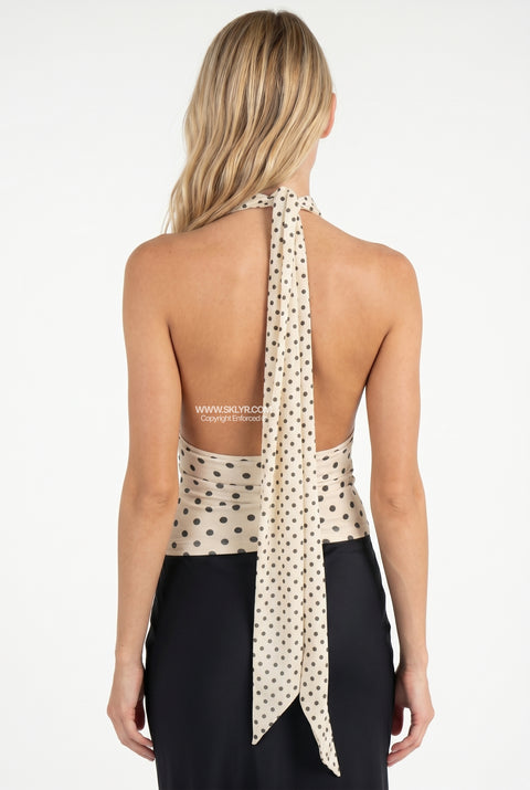 Top color crema a pois con scollo halter