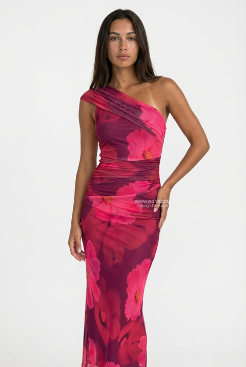 Fuchsiafarbenes, schulterfreies Maxikleid mit Blumenmuster