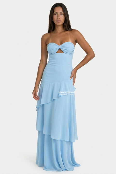 Robe longue bustier étagée bleu ciel