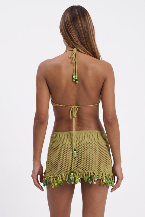 Olivegrünes, gehäkeltes Mini-Kleid mit Cut-Outs