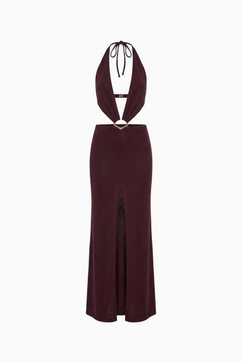 Pflaumenfarbenes, tief ausgeschnittenes Maxikleid mit Neckholder und Cut-Outs