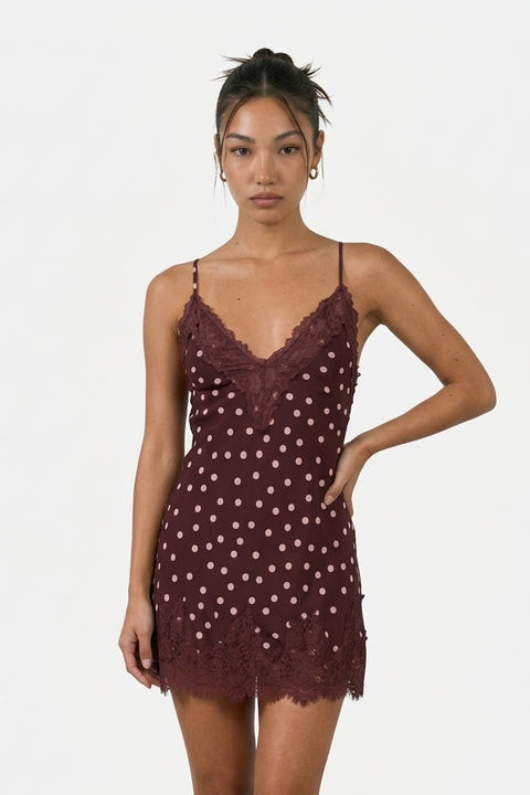 Miniabito sottoveste bordeaux a pois con bordo in pizzo