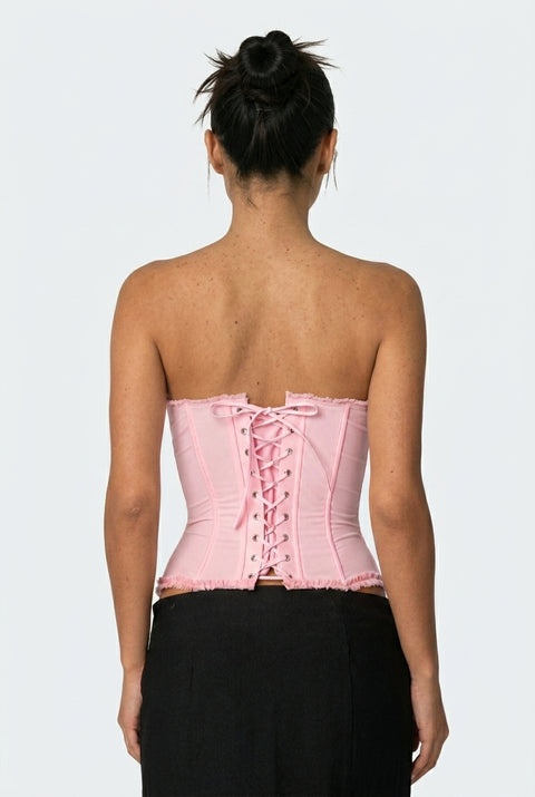 Top bustier in raso rosa a fiori