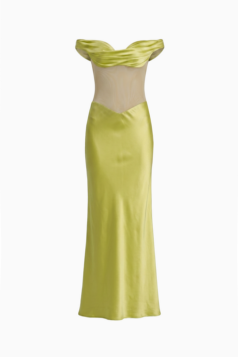Limettengrünes schulterfreies Satin-Maxikleid