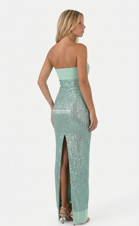 Abito lungo senza spalline con paillettes color menta
