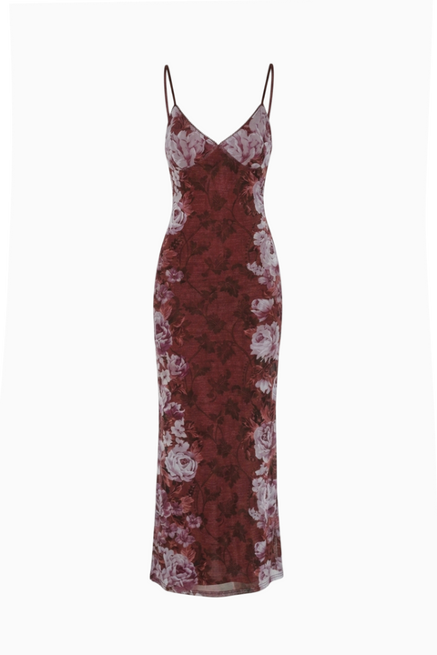 Maxikleid mit Blumenmuster in Burgund