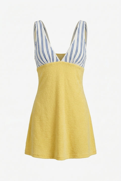 Vestido mini às riscas e amarelo, em patchwork, com decote em V profundo