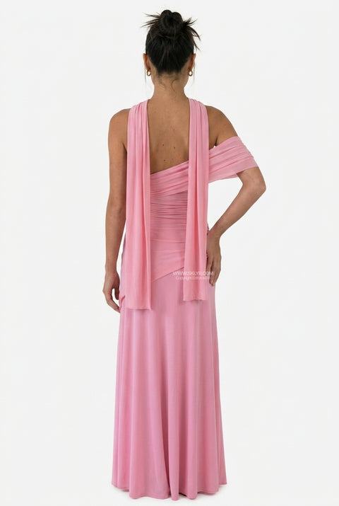 Robe longue à volants superposés blush