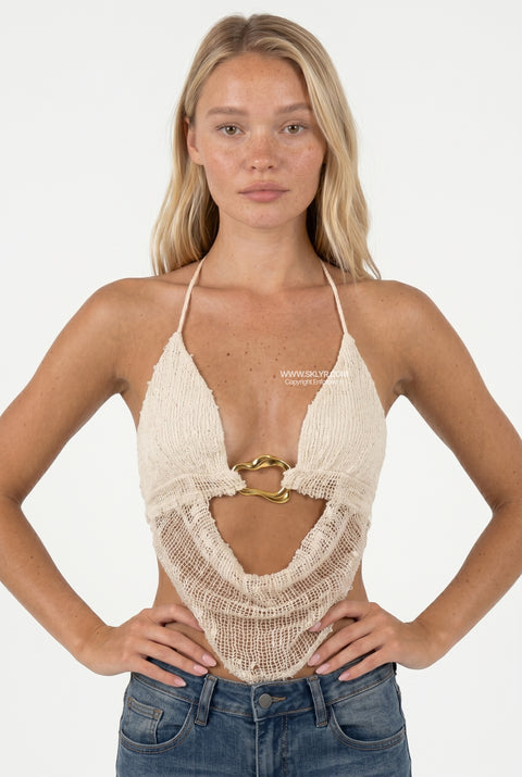 Cremefarbenes strukturiertes Neckholder-Crop-Top