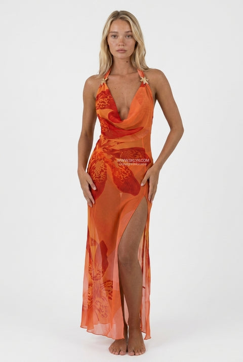 Vestido comprido pêssego, transparente e de atar ao pescoço