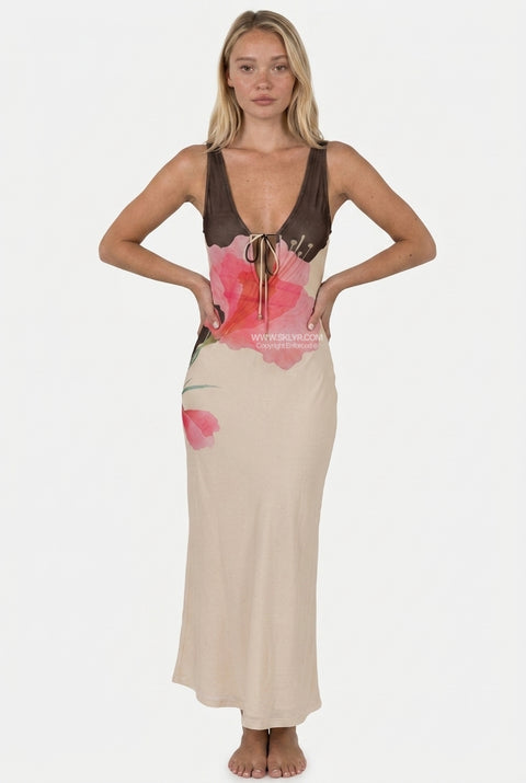 Robe longue à encolure en V Ivory Botanical