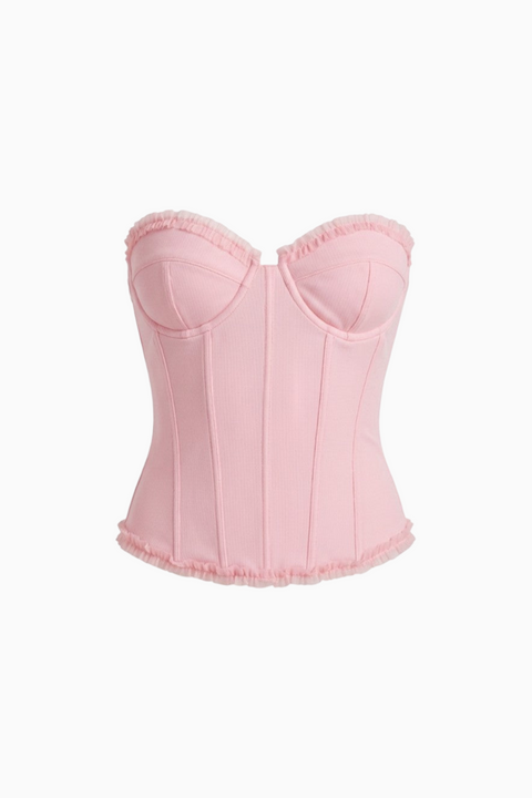 Top bustier in raso rosa a fiori