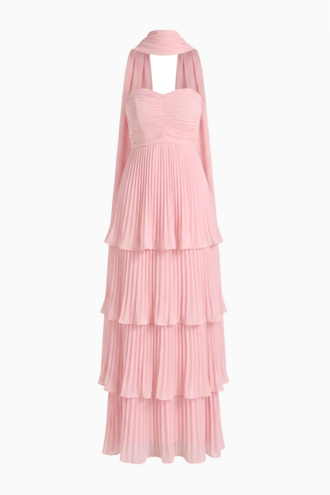 Blushrosa trägerloses, gestuftes Plissee-Maxikleid