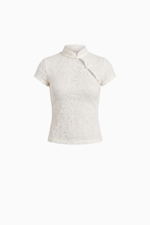 Mandarin Collar Floral Lace Short-Sleeve Top
