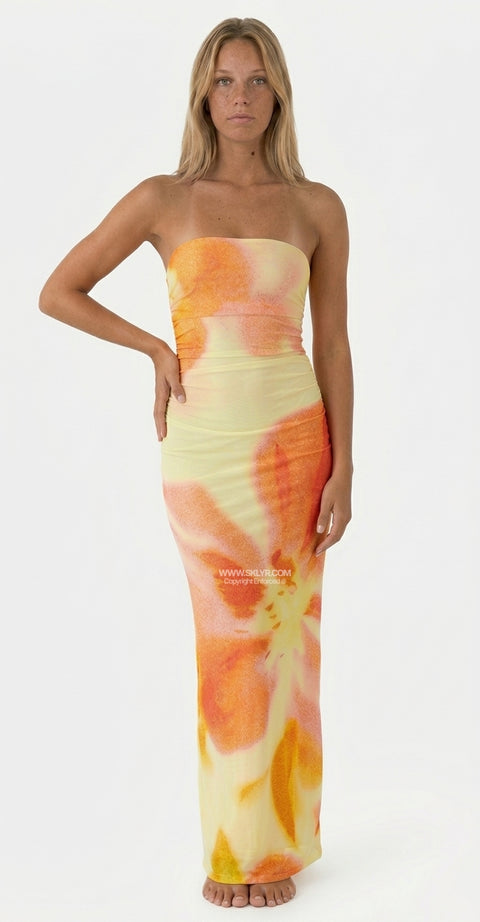 Robe longue bustier froncée à imprimé floral jaune et orange