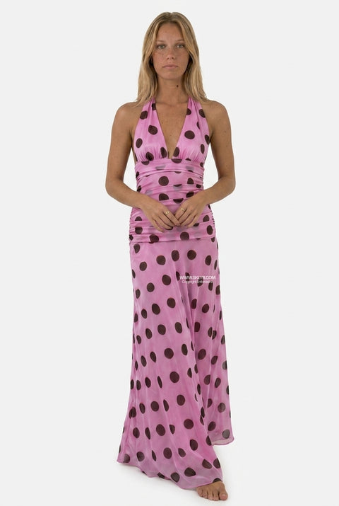 Rosa gepunktetes Neckholder-Maxikleid