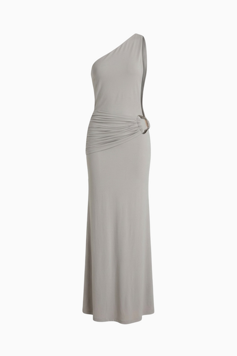 Asymmetrisches Maxikleid mit seitlicher Raffung und Schnalle