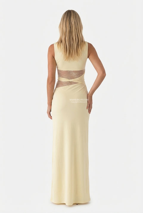 Cremefarbenes, schlankes, säulenförmiges Maxikleid