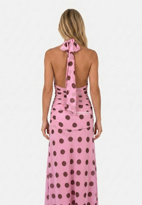Rosa gepunktetes Neckholder-Maxikleid