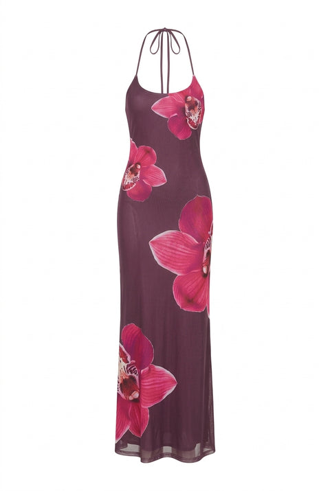 Violett-orchideenfarbenes Perlen-Maxikleid mit Neckholder