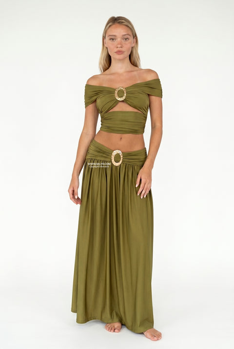 Olivfarbenes zweiteiliges Maxi-Set mit Cut-outs